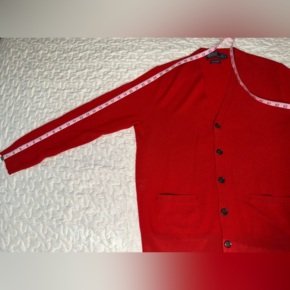 Vintage 90s Polo Ralph Lauren Cashmere Cardigan Sweater Red Y2K Classic Knit L - Picture 10 of 12